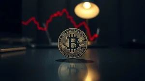 Bitcoin coin with a downward-trending red graph, indicating a bearish on-chain signal from the MVRV ratio.
