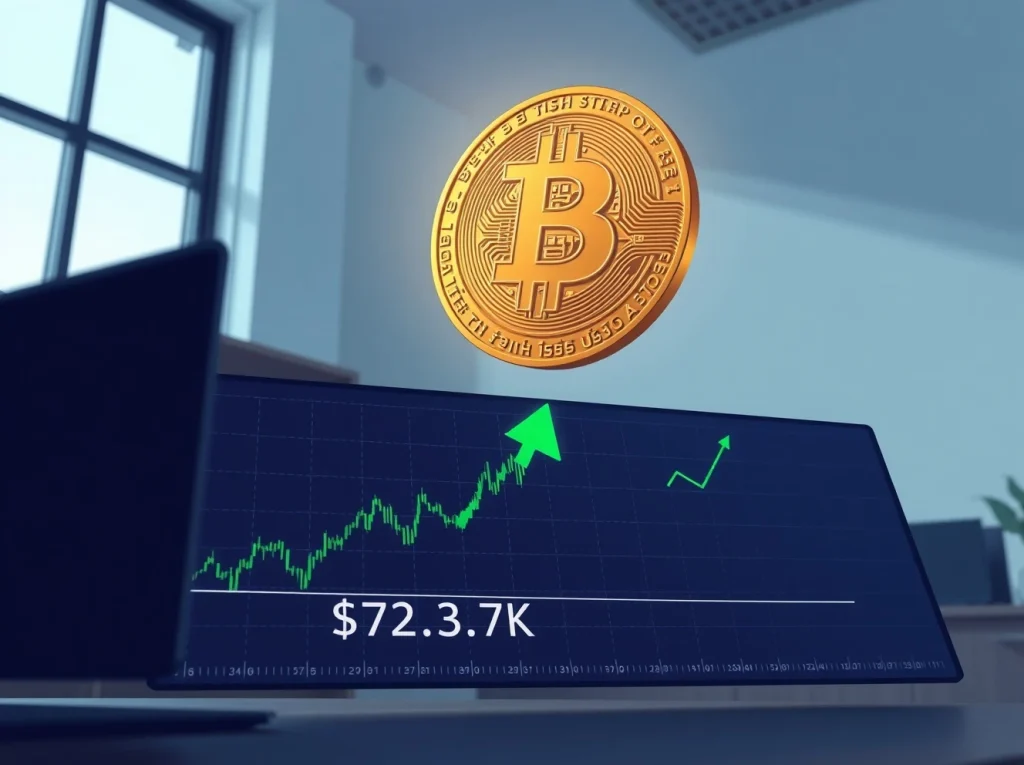 Bitcoin coin above a digital chart with MVRV support level at $73.7K, representing on-chain analysis