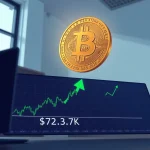 Bitcoin coin above a digital chart with MVRV support level at $73.7K, representing on-chain analysis