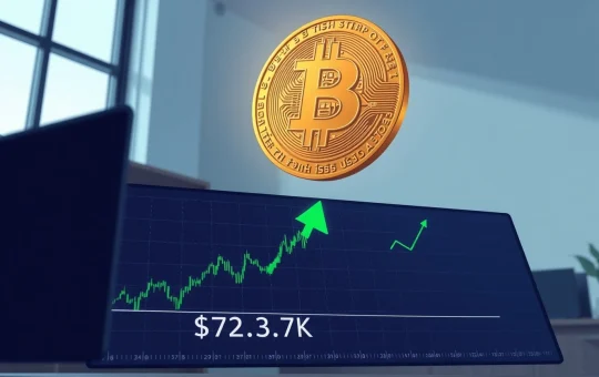 Bitcoin coin above a digital chart with MVRV support level at $73.7K, representing on-chain analysis