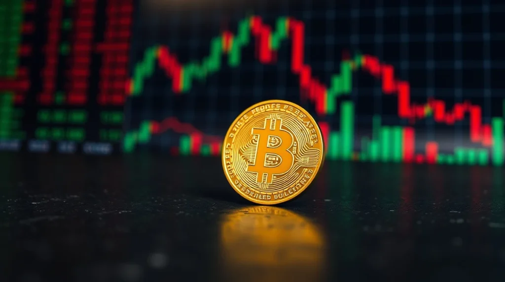 Bitcoin coin on a dark trading desk with blurred charts in background