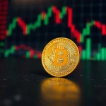 Bitcoin coin on a dark trading desk with blurred charts in background