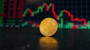 Bitcoin coin on a dark trading desk with blurred charts in background
