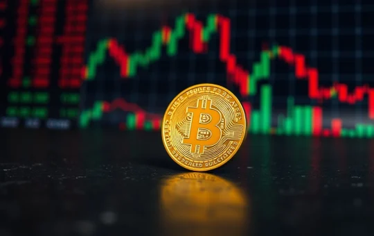 Bitcoin coin on a dark trading desk with blurred charts in background