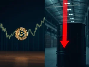 Bitcoin coin next to an oil barrel with price chart indicators showing divergence