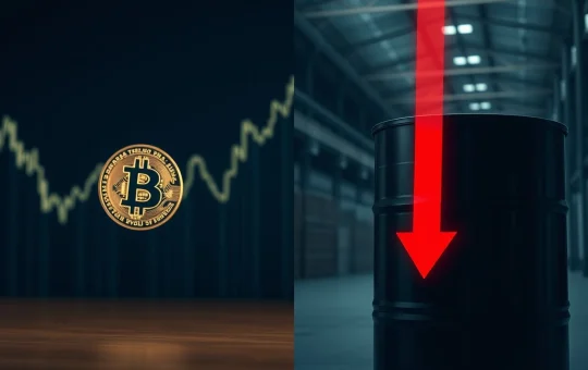 Bitcoin coin next to an oil barrel with price chart indicators showing divergence