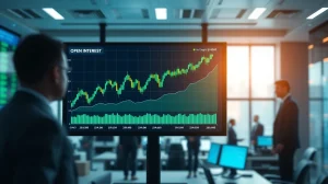 Bitcoin price chart and open interest data displayed on a large screen in a modern trading floor environment.
