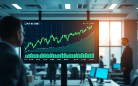 Bitcoin price chart and open interest data displayed on a large screen in a modern trading floor environment.