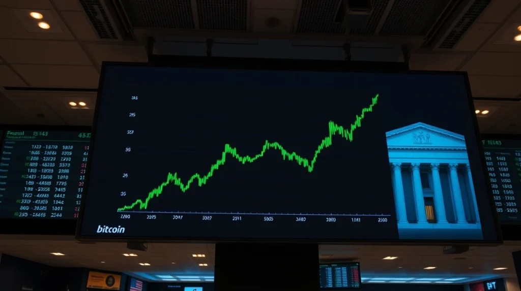 Bitcoin price chart surging on a trading floor display with Federal Reserve building in background