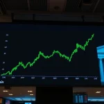 Bitcoin price chart surging on a trading floor display with Federal Reserve building in background