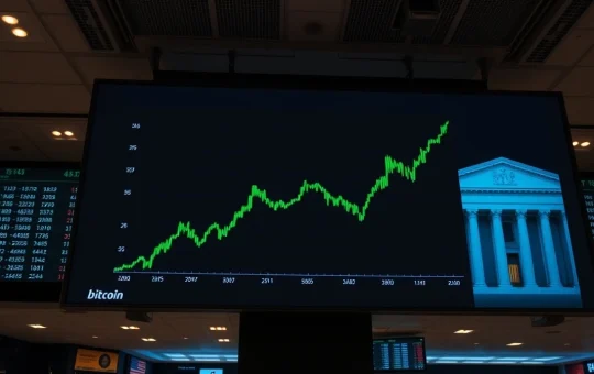 Bitcoin price chart surging on a trading floor display with Federal Reserve building in background