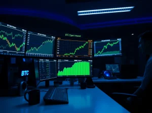 Bitcoin open interest chart spike on trading monitors in a professional trading environment