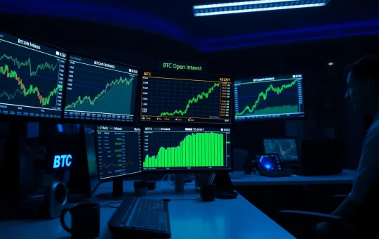 Bitcoin open interest chart spike on trading monitors in a professional trading environment