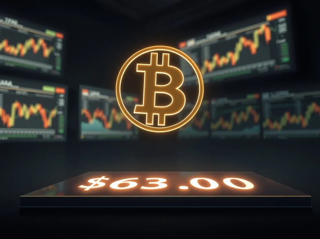 Bitcoin symbol hovering above the critical $63,000 support level in financial markets.