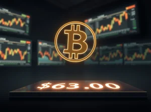 Bitcoin symbol hovering above the critical $63,000 support level in financial markets.