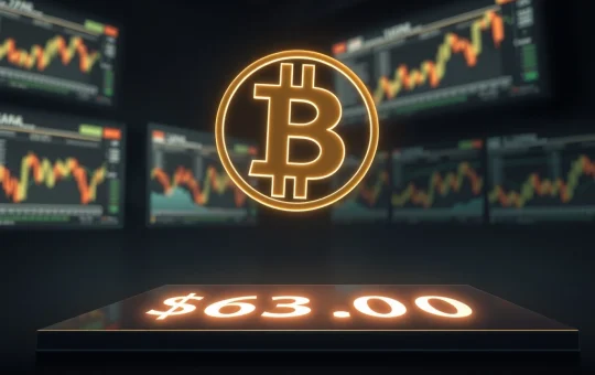 Bitcoin symbol hovering above the critical $63,000 support level in financial markets.