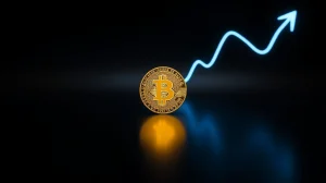 Bitcoin coin on dark surface with upward trending light, symbolizing a potential price rally.