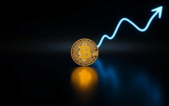 Bitcoin coin on dark surface with upward trending light, symbolizing a potential price rally.