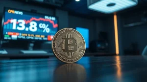 Bitcoin coin on wooden surface with CPI 3.8% financial news in background