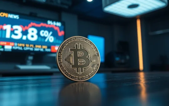 Bitcoin coin on wooden surface with CPI 3.8% financial news in background