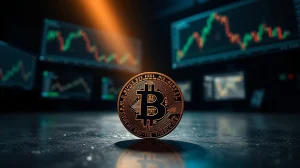 Bitcoin coin on a dark surface with blurred trading screens in the background, representing a critical price analysis moment.