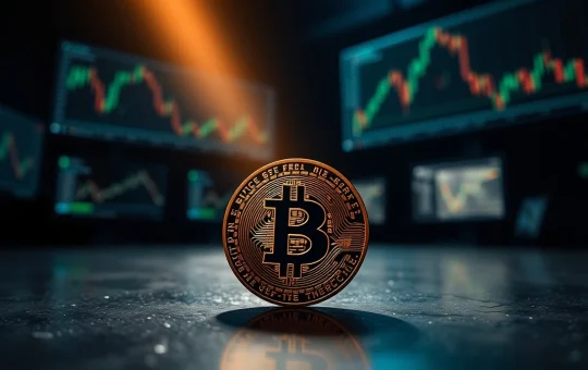 Bitcoin coin on a dark surface with blurred trading screens in the background, representing a critical price analysis moment.