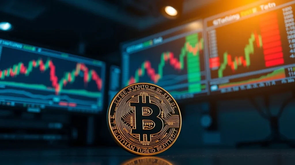 Bitcoin coin in foreground with trading charts in background showing market decline