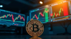 Bitcoin coin in foreground with trading charts in background showing market decline