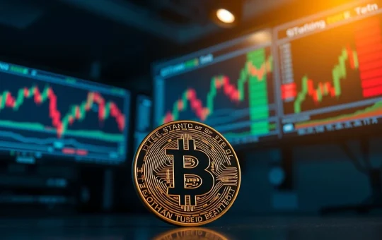Bitcoin coin in foreground with trading charts in background showing market decline