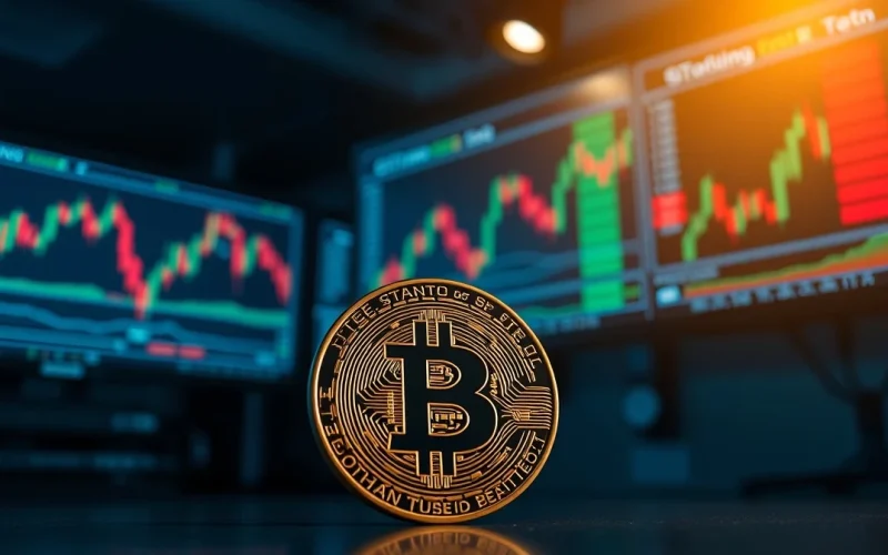 Bitcoin coin in foreground with trading charts in background showing market decline