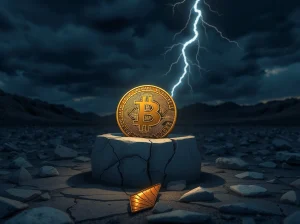 Bitcoin coin on cracked pedestal under stormy sky representing Bitcoin price risk and safe-haven debate
