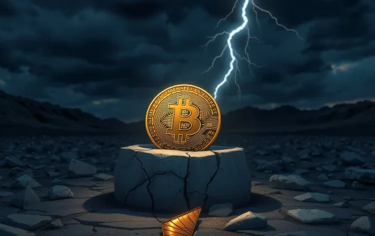 Bitcoin coin on cracked pedestal under stormy sky representing Bitcoin price risk and safe-haven debate