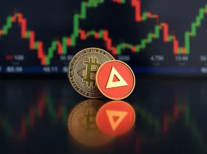 Bitcoin price prediction: BTC coin and AlphaPepe token side by side on reflective surface with market chart background