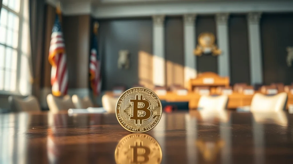 Bitcoin coin on desk with blurred background of US Capitol and hearing room