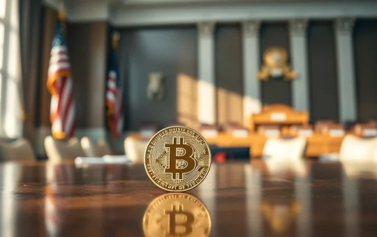 Bitcoin coin on desk with blurred background of US Capitol and hearing room