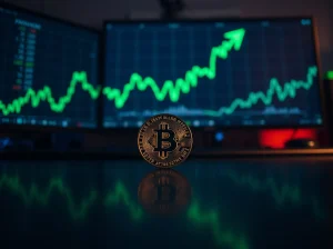 Bitcoin coin on reflective surface with green chart indicating rally