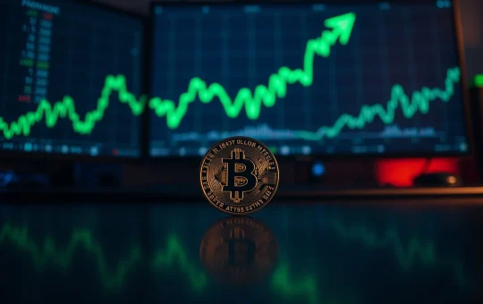 Bitcoin coin on reflective surface with green chart indicating rally