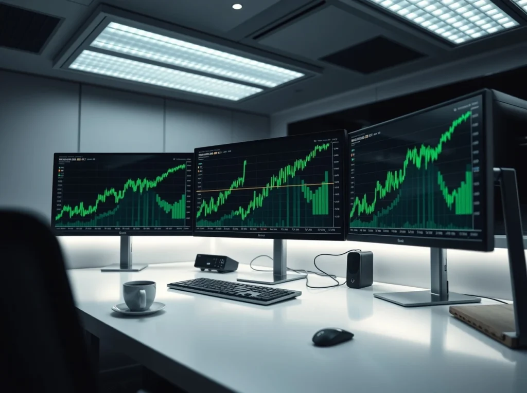 Professional trading desk monitors showing Bitcoin price chart with upward rally and green candlesticks.