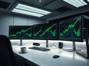 Professional trading desk monitors showing Bitcoin price chart with upward rally and green candlesticks.