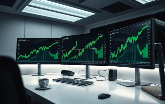 Professional trading desk monitors showing Bitcoin price chart with upward rally and green candlesticks.