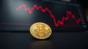 Bitcoin coin with a red downward trend graph, indicating potential price correction.