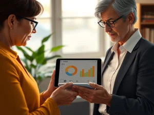 A couple reviews a financial dashboard showing Bitcoin in a retirement portfolio, analyzing borrowing options.