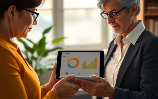 A couple reviews a financial dashboard showing Bitcoin in a retirement portfolio, analyzing borrowing options.