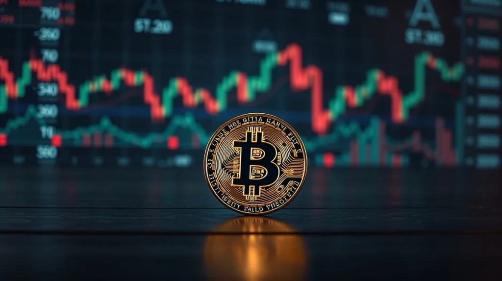 Bitcoin coin on dark surface with blurred financial charts in background