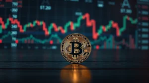Bitcoin coin on dark surface with blurred financial charts in background