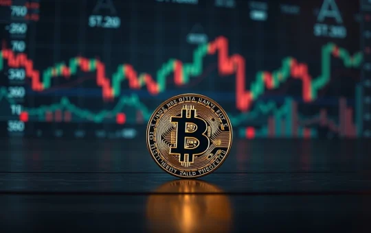 Bitcoin coin on dark surface with blurred financial charts in background