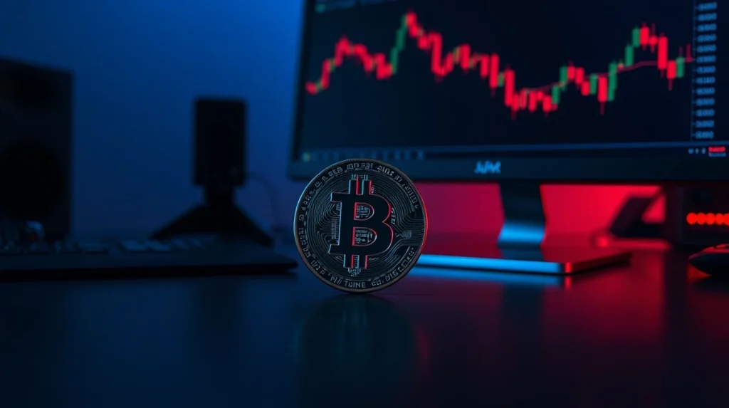 Bitcoin coin on a trading desk with a red downward-trending chart, representing the Bitcoin selloff risk in May.