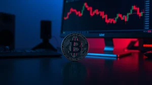 Bitcoin coin on a trading desk with a red downward-trending chart, representing the Bitcoin selloff risk in May.