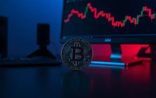 Bitcoin coin on a trading desk with a red downward-trending chart, representing the Bitcoin selloff risk in May.