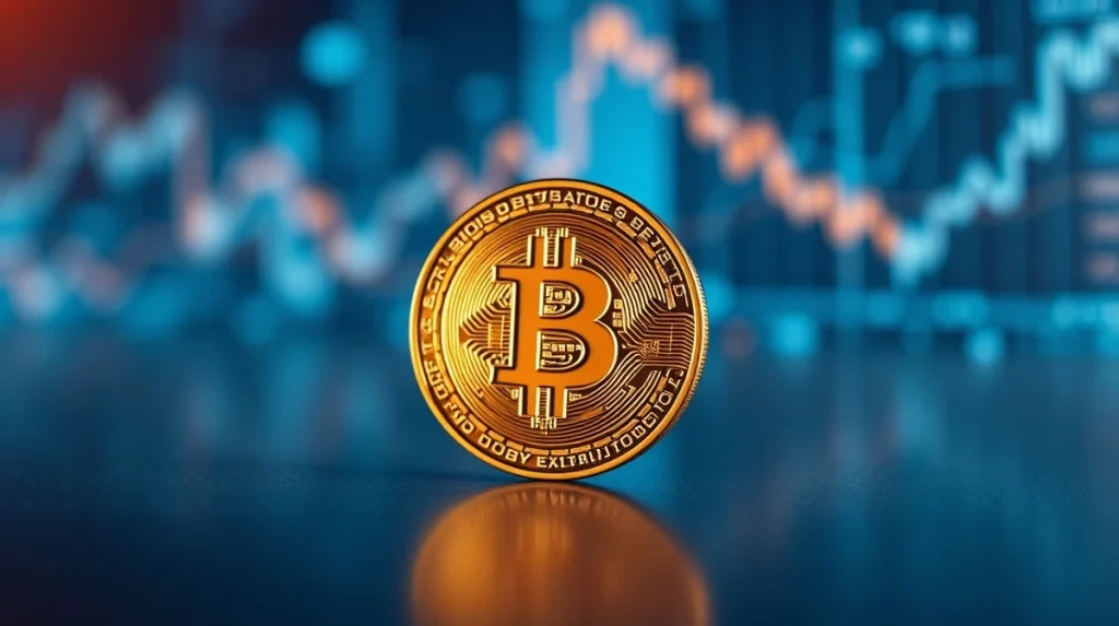 Bitcoin coin centered on a dark surface with blurred blockchain network background, representing on-chain analysis.